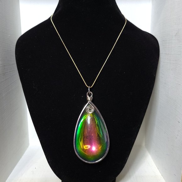 New Large Iridescent Infused Glass Teardrop Pendant On Sterling Silver Chain 925 - Picture 1 of 1